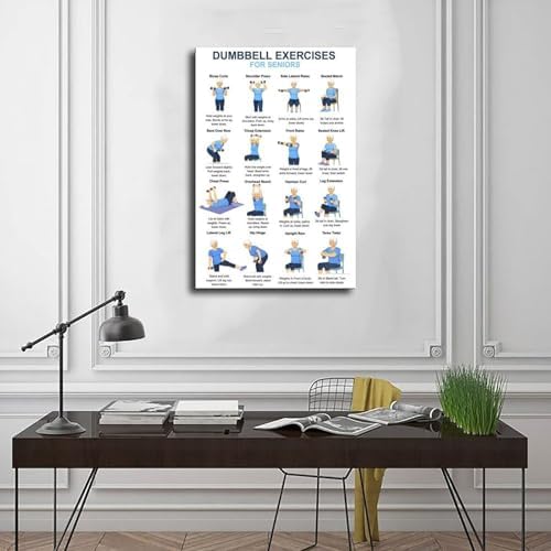 Dumbbell Exercises for Seniors 16 Step Seated And Standing Strength Workout Balance Stability Training Canvas Poster Wall Art for Living Room Bedroom Decor Frame 12x18inch