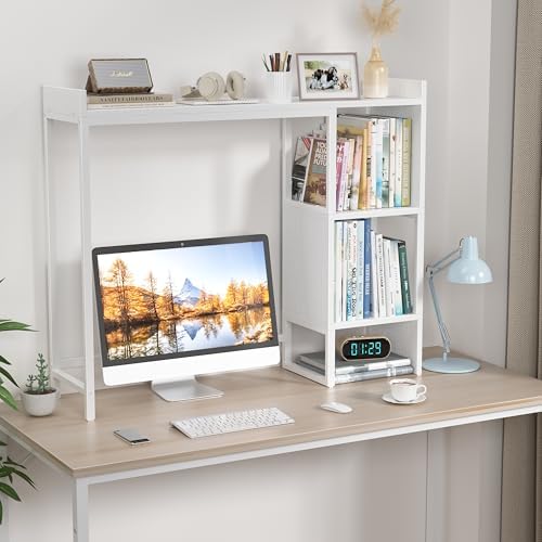 White 37" Desk Hutch for Table Top, Dorm Desk Bookshelf with Side Baffles, Desktop Organizer Shelf for Office & College, Monitor Riser Stand