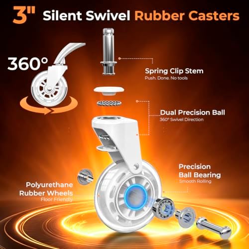Office Chair Wheels for Casters Replacement - 3" Rubber Wheels for Computer Gaming Desk Caster Smooth & Safe Rolling for All Floors Including Hardwood and Carpet - Set of 5 - White