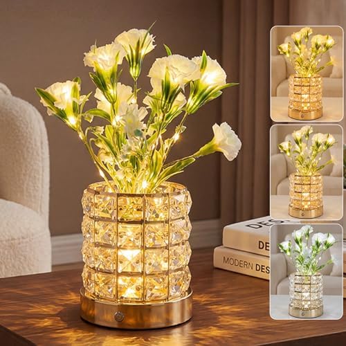 Flower Table Lamps, Rechargeable Cordless Small Desk Lamp, 3 Colors Dimmable Artificial Flowers Night Light, Fake Bouquet Carnation with Crystal Vase Gifts for Girl Women Mom (White - Carnation)