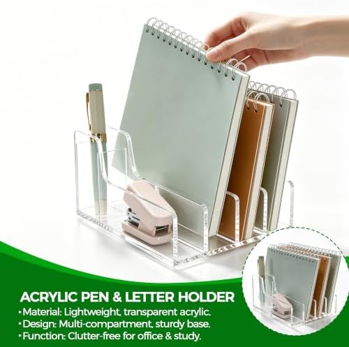Acrylic Mail Organizer for Desk, 5 Compartments Letter Sorter with Pen Holder, Clear Desktop File Folder & Notebook Holder, Cute Office Supplies Organizer for Home Office School