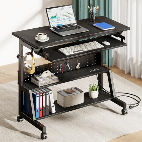 Rolling Computer Desk with Power Outlet, Adjustable Height Portable Desk