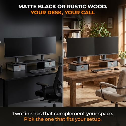 DuoStand Plus - 39” Dual Monitor Riser for Desk with 2 Drawers - Wood & Steel Double Monitor Stand with Storage - Desk Organizer Shelf for Desktop Computer, Laptop, TV & Printer (Rustic Wood)