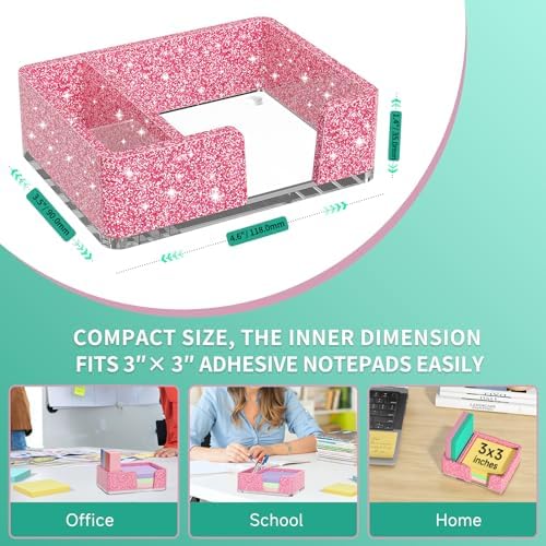 Sticky Note Holder with Pen Slot, Glitter Pink Acrylic Notepad Holder 3x3 in Self-Stick Note Dispenser Office Desk Accessories, Memo Pad Holder Organizer for Classroom School Supplies
