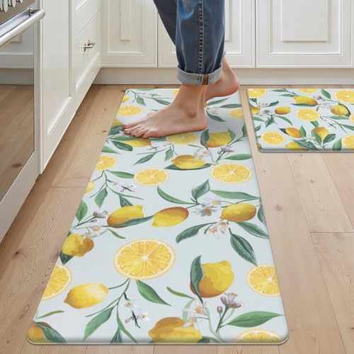 SHACOS Anti Fatigue Lemon Kitchen Rugs Mats Set of 2 Pieces Non Slip Soft Cushioned Standing Mat and Runner Wipeable Waterproof Floor Mat, 17"x27.5"+17"x47", Light Blue