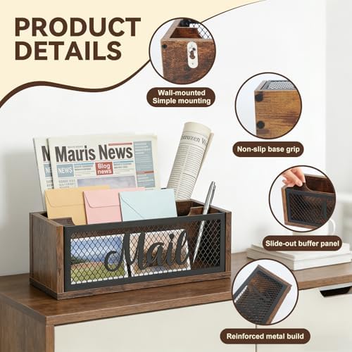 Mail Organizer Countertop, Rustic Farmhouse 2-Slot Wood & Iron Mail Holder, Retro Wall Mounted or Desk Entryway Letter Bill Envelope Sorter, No Assembly