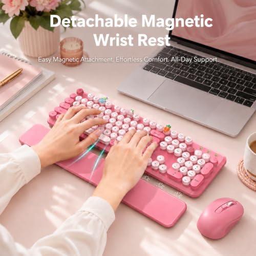 Wireless Keyboard and Mouse Combo, Round Keycaps, Magnetic Wrist Rest, Pink