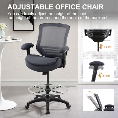 400lbs Wide Mid-Back Office Drafting Chair with Extra Seat Cushion for High Standing Desk with Lumbar Support and Enlarged Adjustable Footring(Gray)