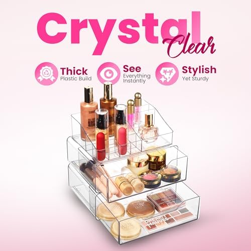 Masirs Clear Acrylic Makeup Organizer with Drawers – Cosmetic Vanity Storage for Skincare, Hair Accessories, Jewelry, Perfume – Durable Countertop Bathroom Organizer