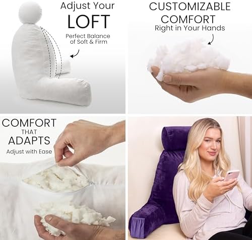 Husband Pillow Medium Reading Pillow with Arms - 23" Backrest for Sitting Up in Bed - Firm Support Bed Rest Pillow for Adults, Neck Roll, Removable Cover - TV, Reading, Lounging - Purple