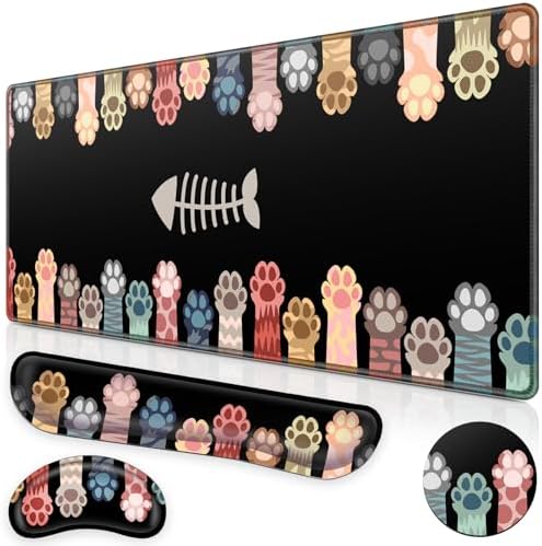 Canjoy Desk Mat with Wrist Rest, Anime Cat Paws Keyboard and Mouse Pad