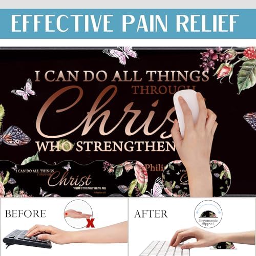 4 in 1 Mouse Pad Combo, Large Gaming Mouse Pad + Keyboard Wrist Support + Mouse Wrist Rest + Coaster, Table Pad with Stitched Edge Ergonomic Wrist Pad Set, Philippians 4-13 Flowers