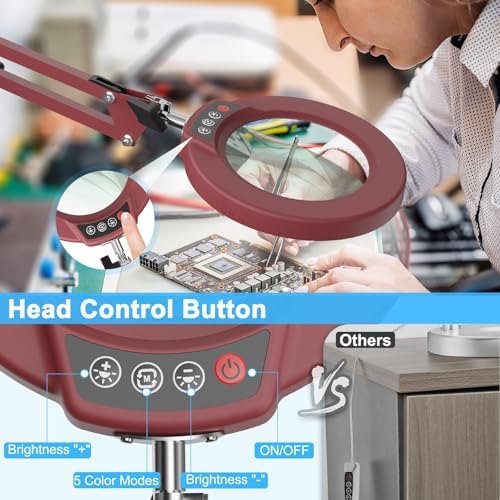 10X Magnifying Glass with Light and Clamp, Real Glass Stand Lighted Magnifier, 5 Color Modes Stepless Dimmable LED Desk Lamp Hands Free for Crafts Hobby Reading Painting Sewing Close Work - Red