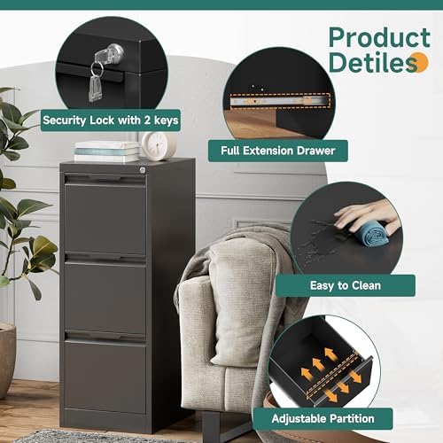 3 Drawer File Cabinet with Lock,Metal File Cabinet for Home Office,Black Vertical Filing Cabinets Heavy Duty Office Storage Cabinets for Letter/Legal/A4/F4 Size File, Assembly Required