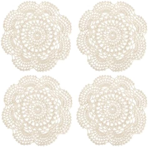 uxcell 4 Pcs Crochet Handmade Cotton Placemat Doilies for Table 7.9" Beige