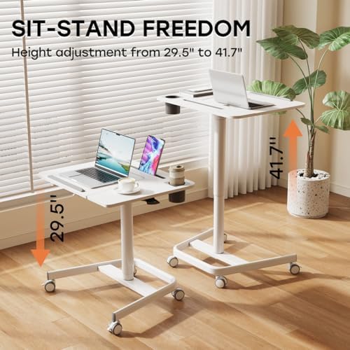 JOY worker Mobile Standing Desk, 60° Tiltable Rolling Laptop Desk, White