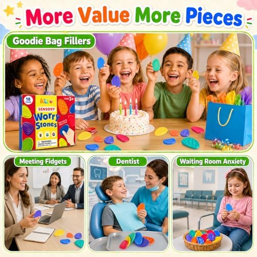 Fidget Toys Sensory Stone for Kids: 18 Pack Bulk Textured Worry Stone for Autism Calming - Quiet Fidgets for Classroom Students Prizes - Small Goodie Bags for Back to School Supplies Gifts