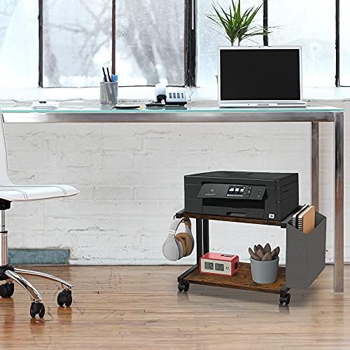 VEDECASA 2 Tier Rustic Brown Wooden Under Desk Printer Stand with Storage Bag for Home Office Desktop Printer Table Organizer Mobile Printer Shelf Cart with Caster Wheel