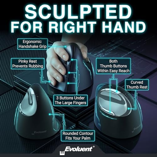 Evoluent – Inventor of the Vertical Mouse – VM4RW Ergonomic Vertical Mouse Right Hand Regular Size Wireless USB, Sculpted for Comfort, Reduces Wrist Strain, 4 Speeds, 6 Customizable Buttons in Windows