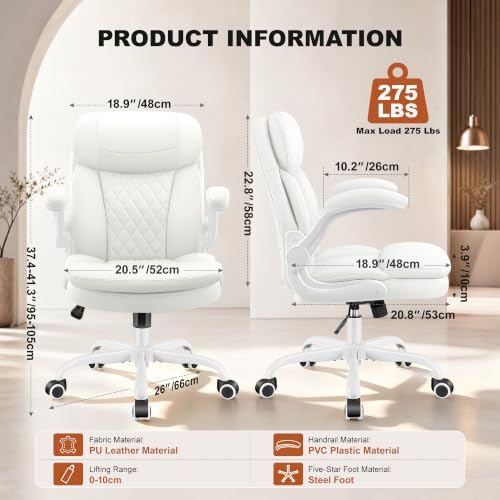 Leather Office Chair, White Computer Desk Chair with Dual Back Support
