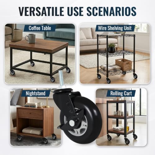 AXL 5/16" UNC x 1" (25mm) Threaded Stem Casters, 3 Inch PU Quiet Inline Swivel Wheels for Office Chairs, Kitchen Carts and Wire Shelving (2 Swivel & 2 Brake)