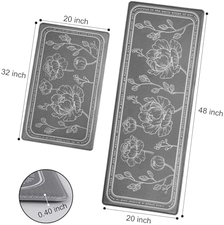 Kitchen Floor Mat Set of 2, Anti Fatigue Kitchen Mat 20"x32"+20"x47"
