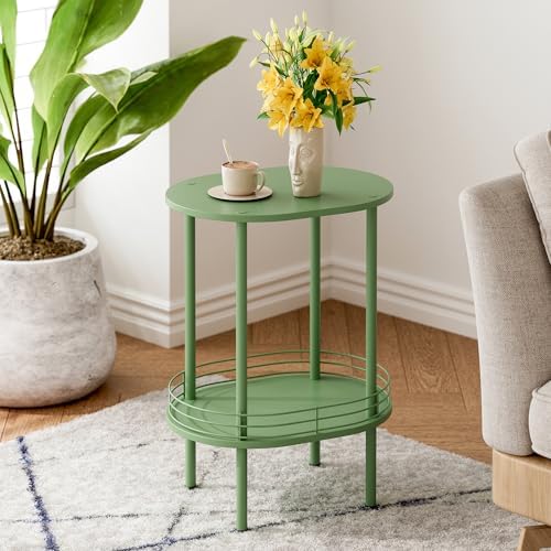 Small Oval Side Table with Storage, 2-Tier Green End Table for Small Space