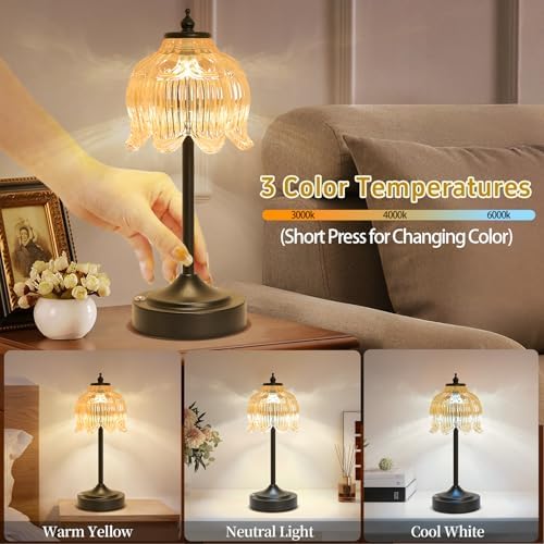 Cordless Table Lamp, Rechargeable Amber Glass Lotus Flower Lamp