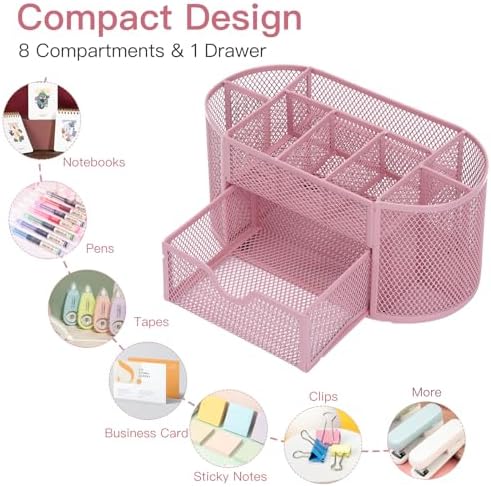 EOOUT Pink Desk Organizer Mesh Pencil Holder 8 Compartments 1 Drawer