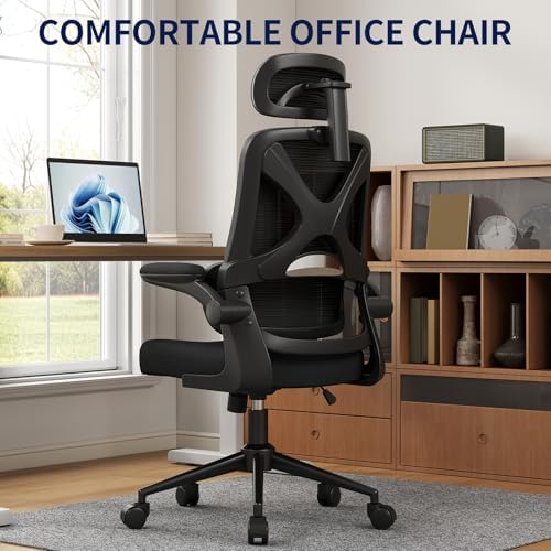Ergonomic Office Chair - Desk Chair with Adjustable Headrest Lumbar Support Computer Chair - Mesh Comfy Chair with Flip-up Armrests - Gaming Chairs for Adults Home Office (Black+Black)