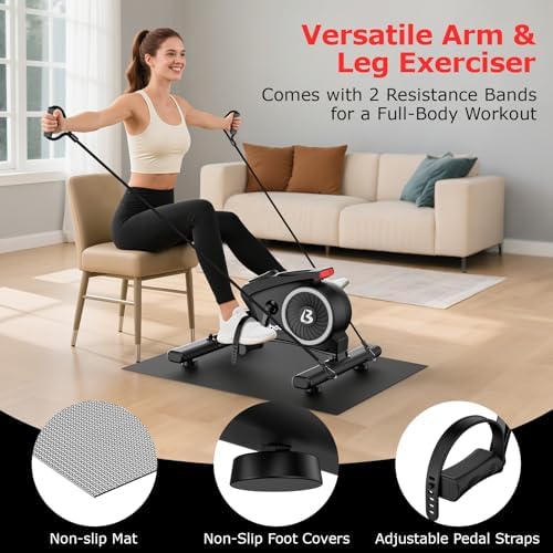 pooboo Under Desk Bike Pedal Exerciser, Quiet Magnetic Mini Exercise Bike with 16 Resistance Levels, Arm & Leg Workout, Resistance Bands & Non-Slip Mat for Home Office Therapy (Black-Silver)