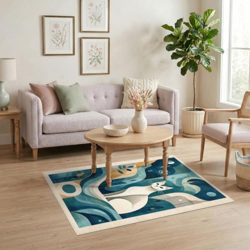 4'x6' Teal Blue Cat Boho Abstract Design Washable Area Rug
