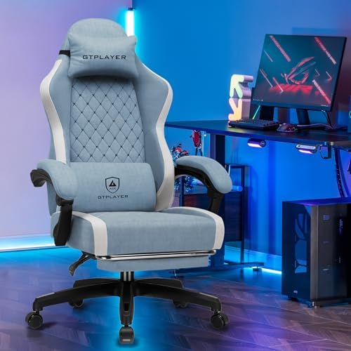 GTPLAYER Gaming Chair, Ergonomic Computer Chair with Footrest and Lumbar Support, High Back Recliner Chair 350lbs, Height Adjustable for Home Office, Light Blue