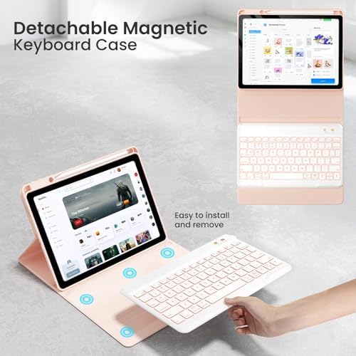 Keyboard Case for iPad 9.7 6th 2018/5th gen 2017/ Air 2-7 Color Backlit Detachable Wireless Keyboard - 360° Rotatable Magnetic Detachable Slim Folio Cover with Pencil Holder (Pink)