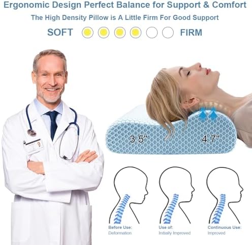 Anvo Memory Foam Pillow, Neck Contour Cervical Orthopedic Bed Pillow for Sleeping Side Back Stomach Sleeper, Ergonomic Design for Neck and Shoulder Pain Relief, Blue White, Firm