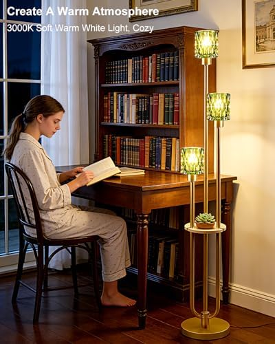 62IN Gold Floor Lamp with Green Glass Shade 3-Lights Mid-Century Modern Farmhouse Floor Lamps with 3000K Warm White Bulbs, Tall Standing Lamp 5Lbs Heavy Base for Living Room/Bedroom/Corner