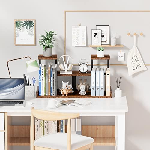 Gannyfer Office Decor Desk Shelf Organizer - Wood Desktop Shelf, Freestanding Desk Hutch, 3 Tier Storage Display Rack, Small Bookshelf with Metal Frame for Books/Plants/Toys (Rustic Brown Black)