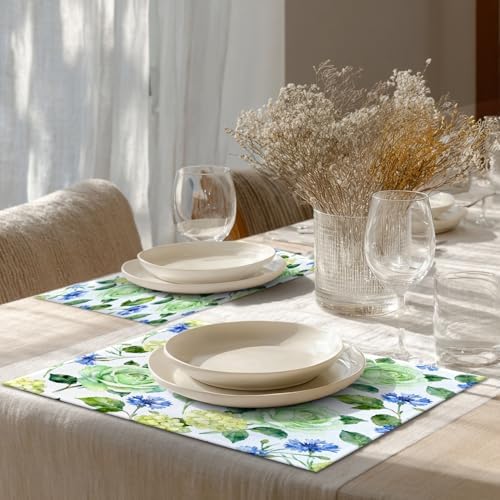 Shrahala Vintage Blue Set of 8 12 X 18 Inch Linen Placemats, Pink Flower The of Rose Hand Draw Watercolor Burlap Table Mat Washable Double Layered Heat Insulation for Indoor/Outdoor