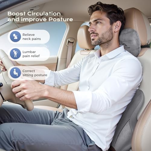 Coverado Car Lumbar Support Pillow and Car Neck Pillow Kit, Ergonomic Design Car Headrest Pillow for Driving, Relax Back Head Muscles Relieve Driving Fatigue, Breathable & Removable Cover