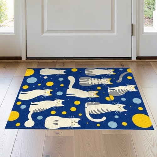 2'x3' Blue Yellow Cat Symphony with Golden Washable Doormat