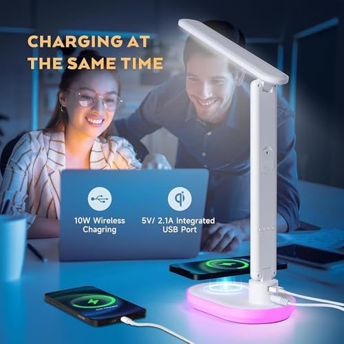 AYI 5IN1 Multifunctional LED Desk Lamp15W Qi Wireless Charger Digital Alarm Clock Ambient Light & Temperature Display Adjustable Eye-Care Table Lamp with Leather Texture Design Table Lamp-U20 White