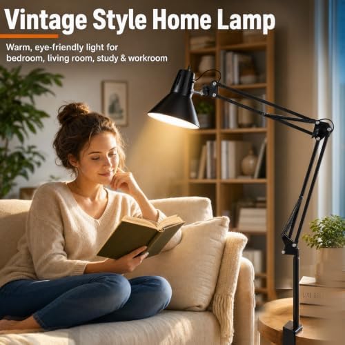 Black Desk Lamp with Clamp, Extra-Tall Adjustable Metal Swing Arm, 3000K