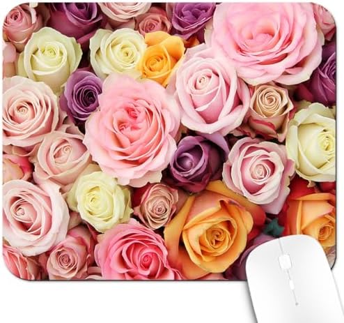 9.5x7.9 Inch Office/Gaming Mouse Pad, Romantic Colorful Roses Floral Bouquet Elegant Rainbow Blooming Flowers, Cute Anti-Slip Mat for Desk Decor