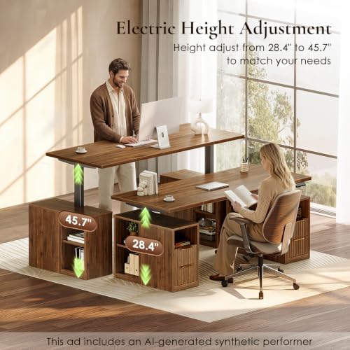 OffiGo Fluted 63 Inch Electric Standing Desk with 2 Storage Cabinet, Walnut
