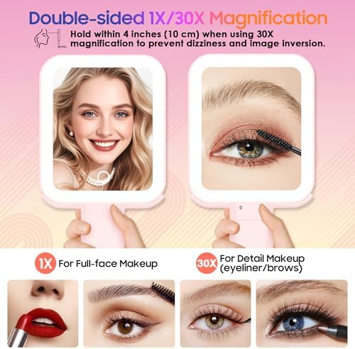 GOMIPURU Magnifying Travel Mirror with Light, 30X/1X Double-Sided Magnifying Mirror with 3 Color Lights, Brightness Adjustable, Foldable Handheld Makeup Mirrors Portable for Travel and Desktop, Rosy
