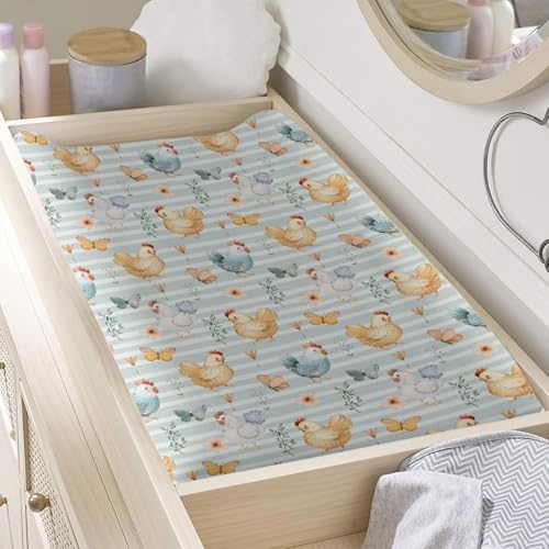 Watercolor Farm Chicken Butterflies Flowers Floral Stripes Baby Changing Pad Cover, Unisex Chicken Nursery Diaper Changing Table Pad Mat Sheet for Boys Girls-16x32