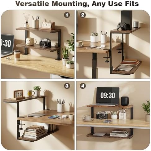 2-Tier Desk Extender, 22-inch Clamp-On Desk Shelf, Height-Adjustable Desktop Shelf Organizer for Monitors Office and Gaming Accessories, Arm Support Table Extension, Dark Brown