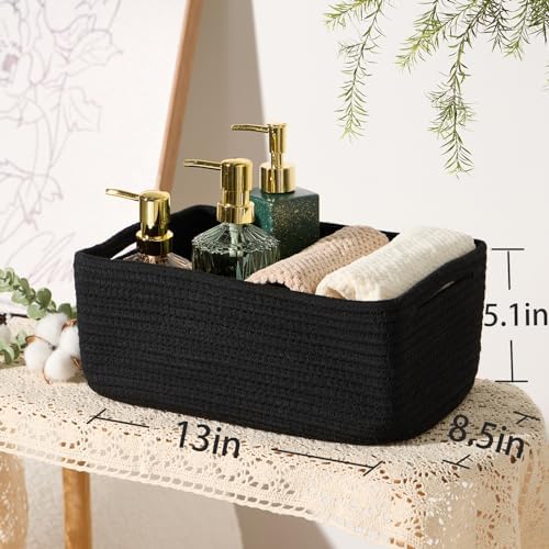 MiniArk Small Storage Baskets for Organizing | Closet Organizer Bins | Shelf Toy Basket | Woven Rope Baskets | Cube Decorative Box | Shallow Basket | 13x8.5x5.1” | 3 Packs Black