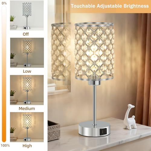 Crystal Table Lamp, Silver Touch Lamp with USB C+A Port, 3-Way Dimmable