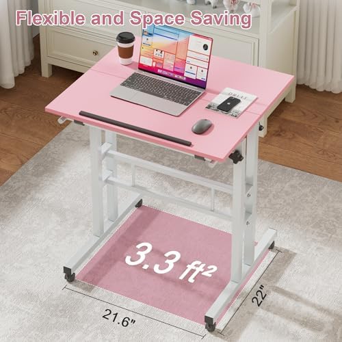 VECELO Small Mobile Standing Desk 24 Inch, Adjustable Height Portable Stand Up Desk with Wheels Computer Workstations, Rolling Laptop Cart, Pink